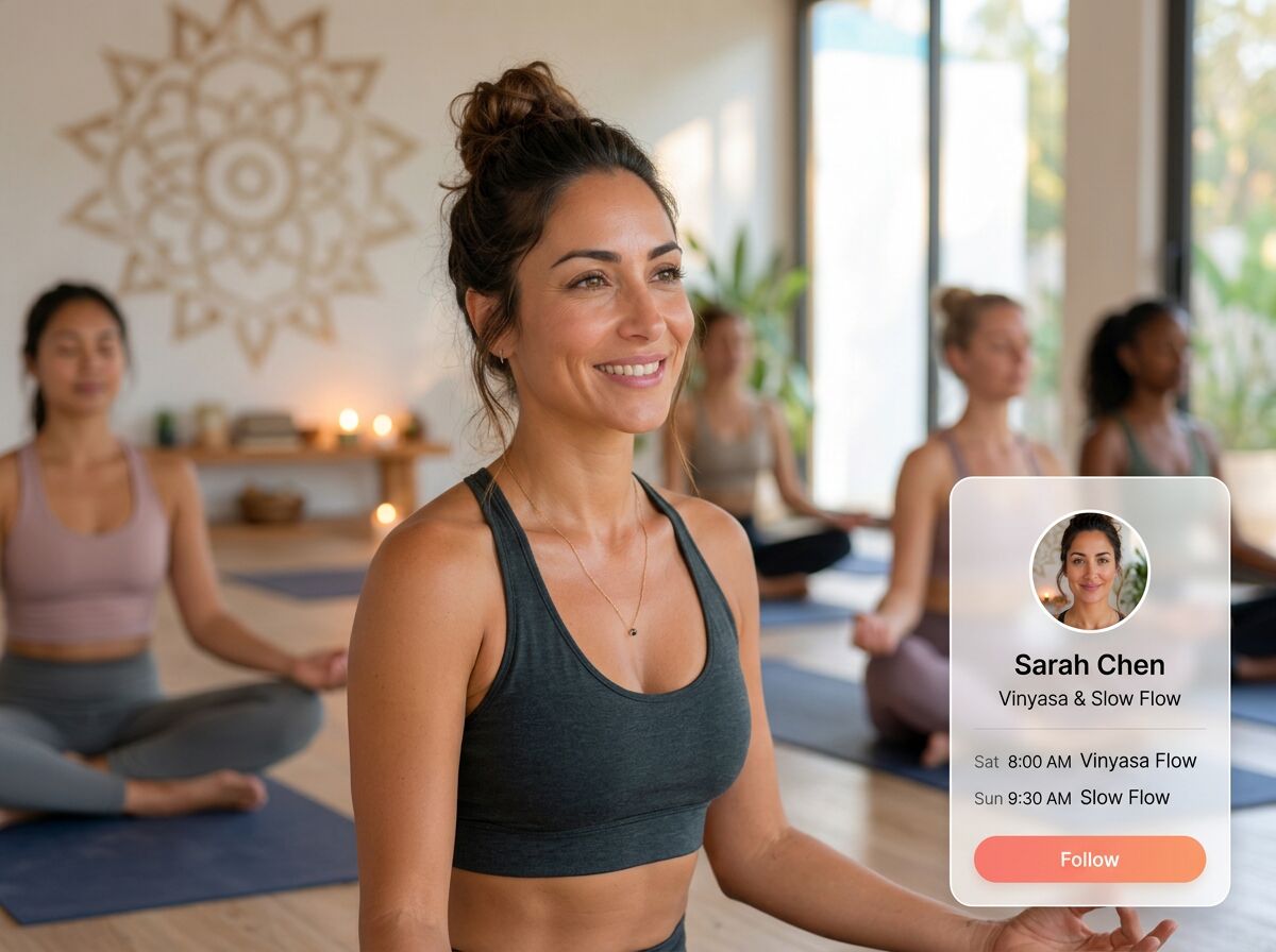 Instructor leading a sunlit yoga class with her LedBy profile card showing her bio and upcoming class times